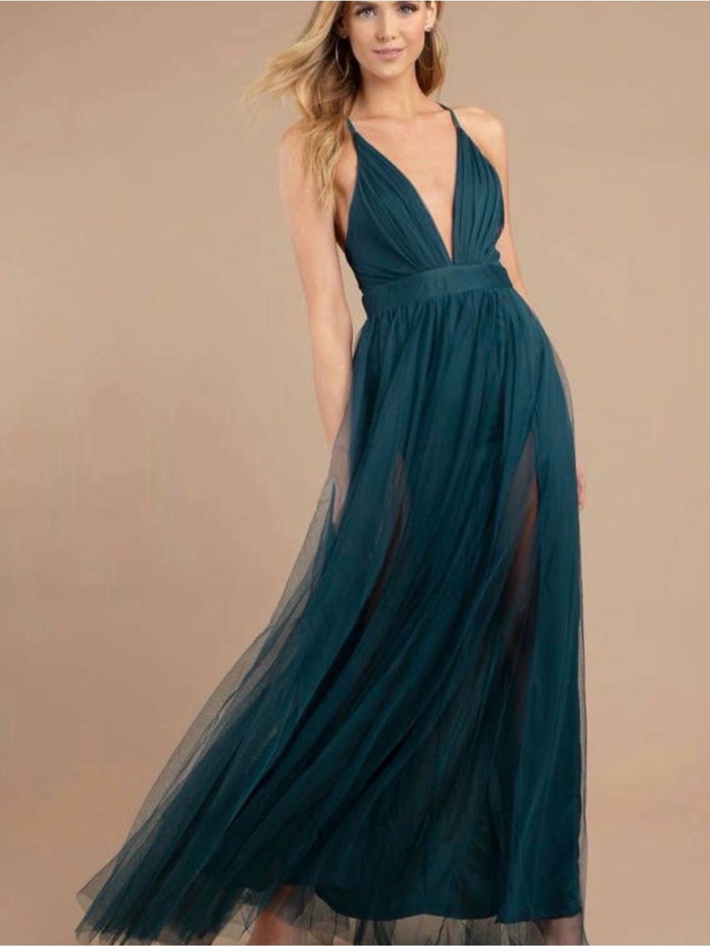 Lulu's Teal Plunge V-Neck Tulle Maxi Dress